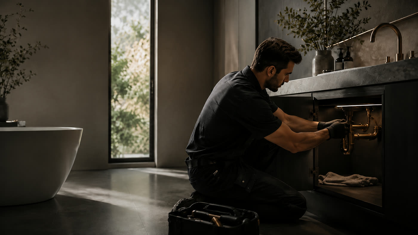 Plumber working under a sink on an emergency call